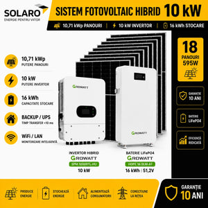 Sistem fotovoltaic hibrid Growatt 10kW cu baterie 16kWh și 18 panouri 595W