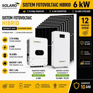 Sistem fotovoltaic hibrid Growatt 6kW cu baterie 16kWh – 12 panouri 595W, 7,14 kWp