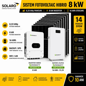 Sistem fotovoltaic hibrid Growatt 8kW cu baterie 16kWh si 14 panouri 595W